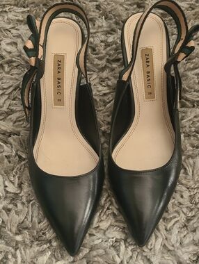 Zara Black Pointed Slingback Heels with Patterned Ankle Tie